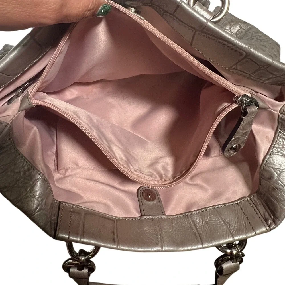 Coach Ashley Carryall Women Large Silver Metallic Croc Embossed Leather Tote Bag